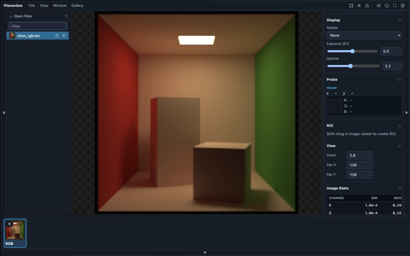 Plenoview interface showing an EXR image, opened files, inspector panels, and channel thumbnails