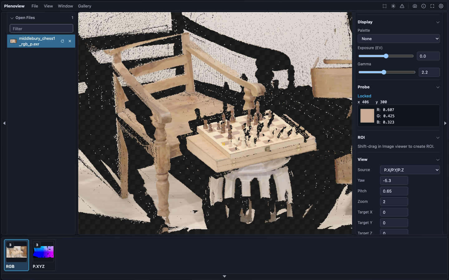 Plenoview 3D viewer with a position-map source and a locked pixel probe at x 406 y 300