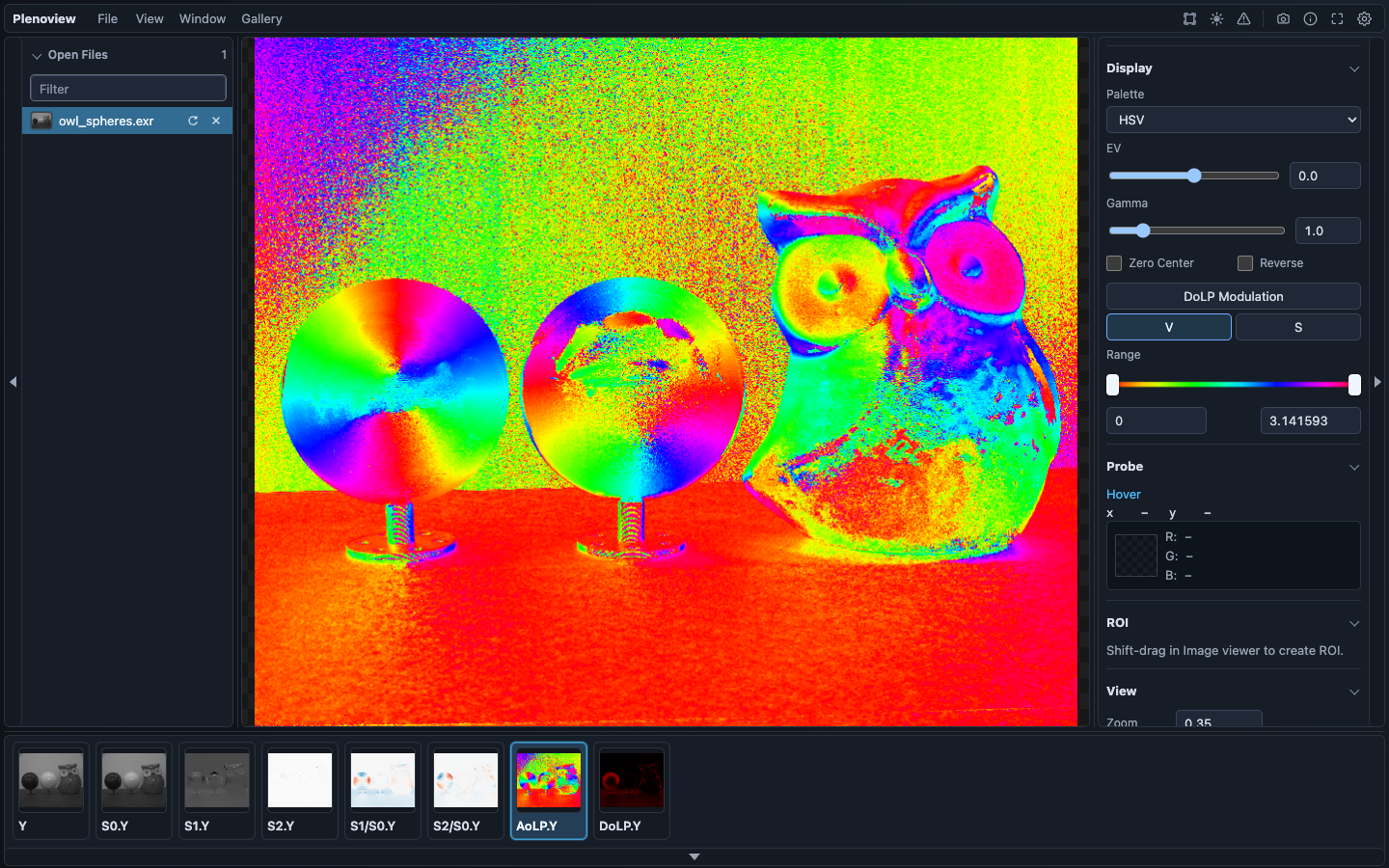 Plenoview visualizing a Stokes vector image with computed AoLP and an automatically applied dedicated colormap