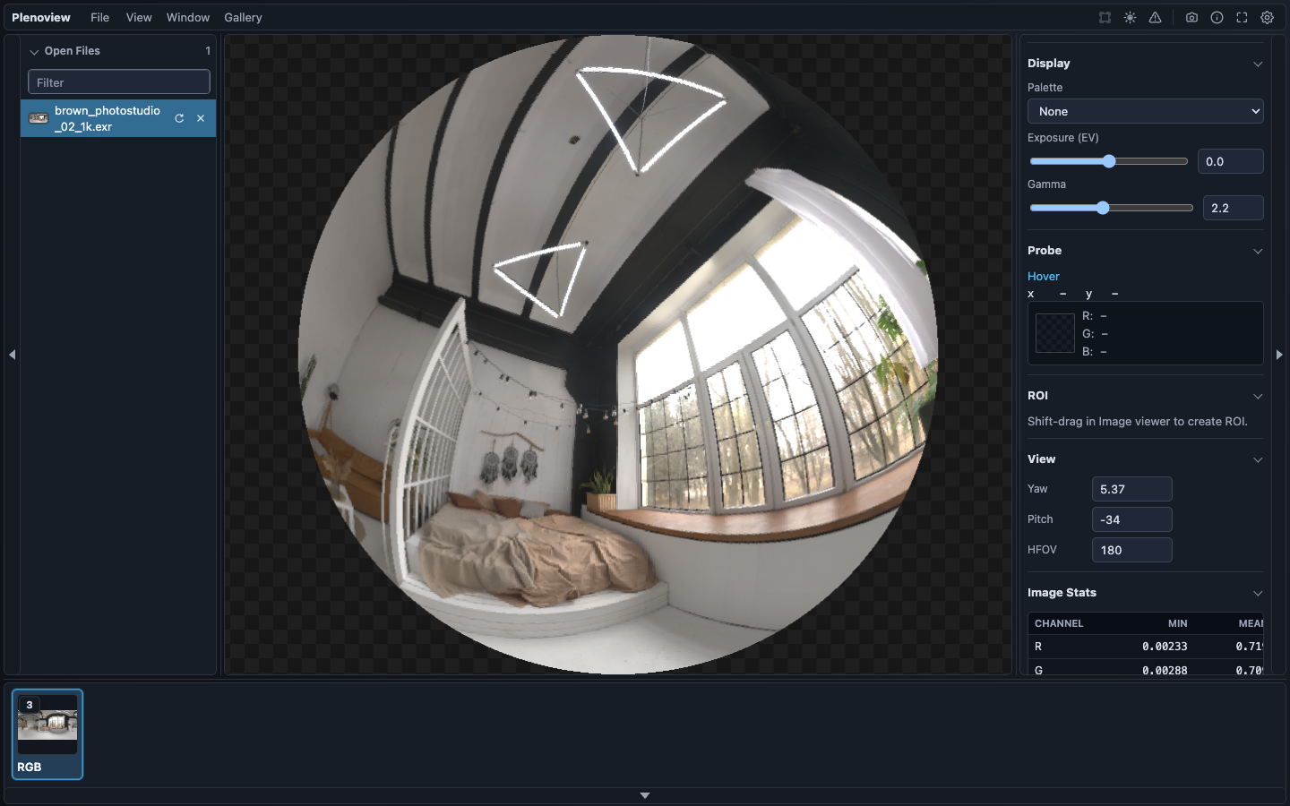 Plenoview panorama view with yaw 5.37 pitch -34 and fov 180