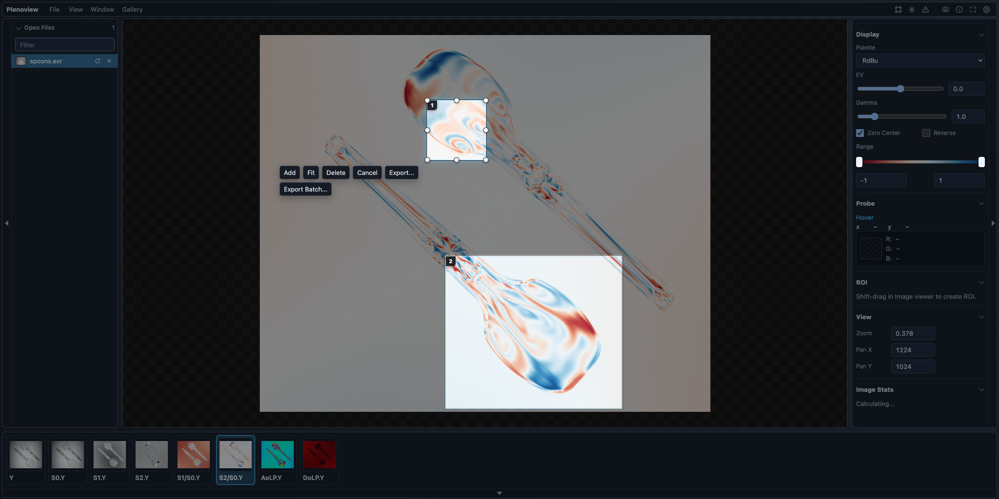 Plenoview screenshot export mode with two selected screenshot regions and R1 active